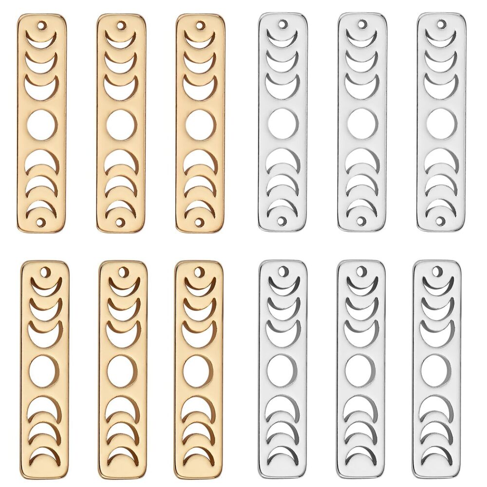 1281 12Pcs Brass Moon Charms Bulk Plated Lunar Phase Pendants Rectangular